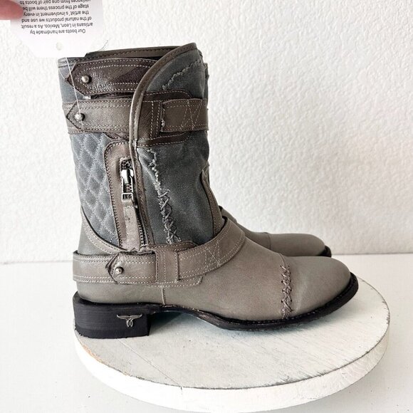 NEW Lane Boots Womens Gray Leather Canvas Mid-Calf Western Moto Style Zip Size 8 - Picture 2 of 13